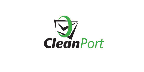 綠黑搭配的通訊公司標志設計：以信封和綠色圓形為原點結合了字母CLEANPORT進行設計